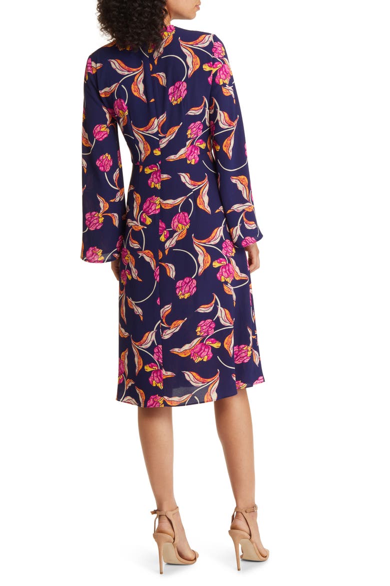 Floral Twist Neck Long Sleeve Midi Dress, Alternate, color, NAVY/ WINE