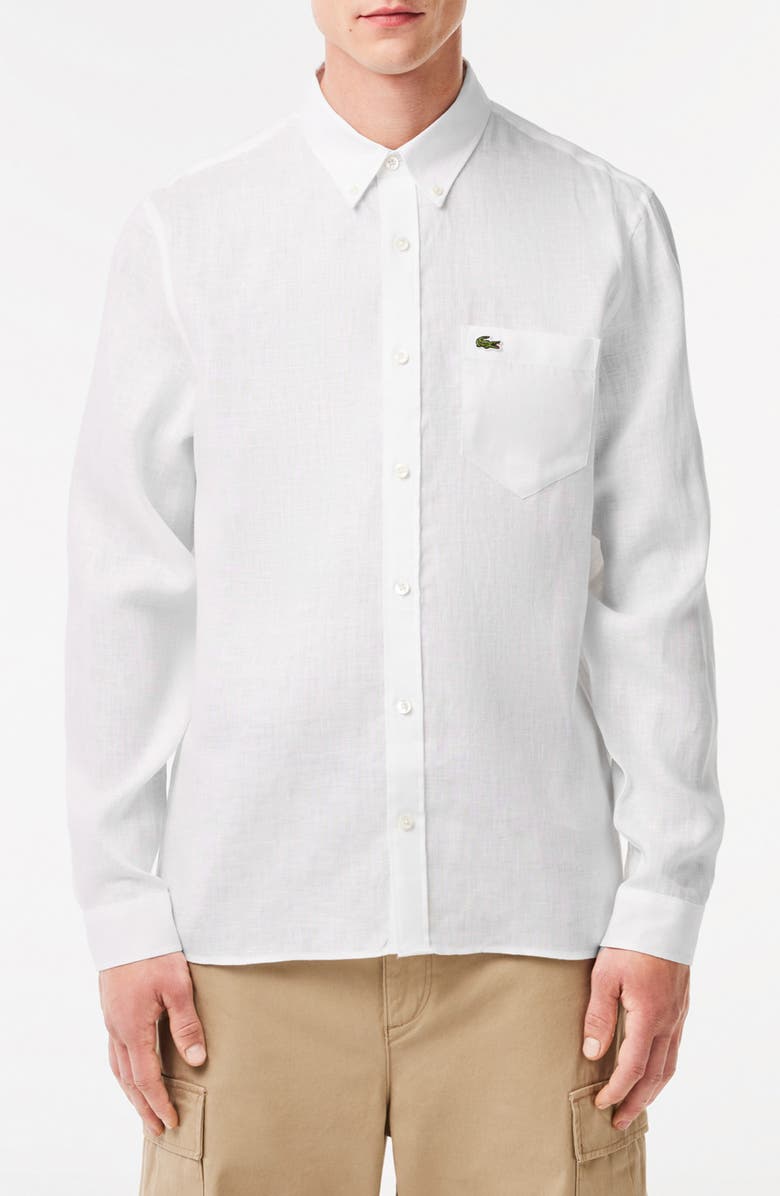 Lacoste Regular Fit Linen Button-Down Shirt, Main, color, White