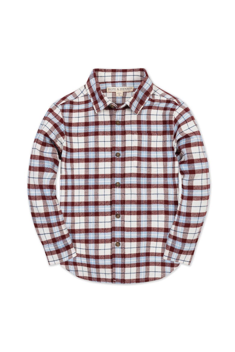 Kids' Organic Long Sleeve Flannel Button Down Shirt, Alternate, color, Burgundy and Blue Plaid