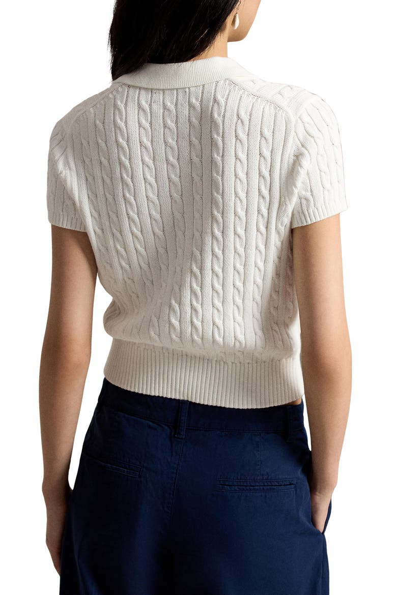 Cable Knit Crop Cotton Polo Sweater, Alternate, color, WHITE