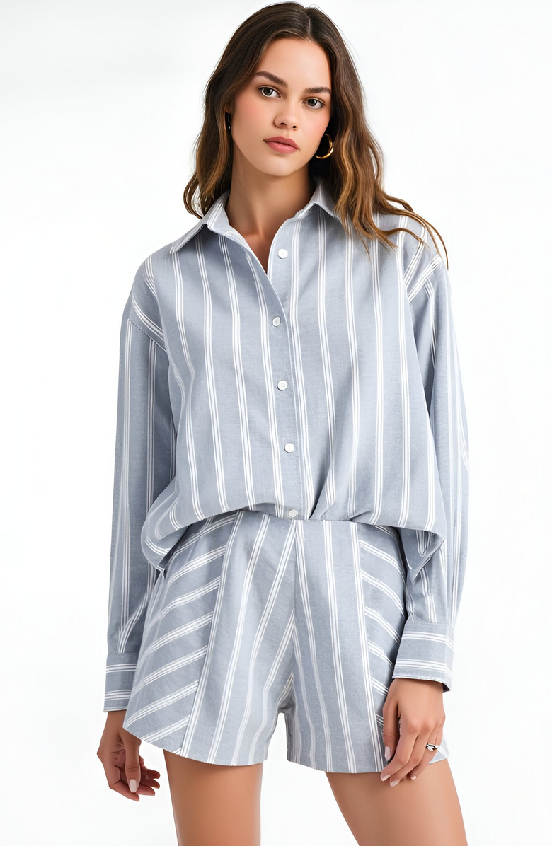 Modenaire Striped Button-Up Shirt and High-Waist Shorts Set with Relaxed Fit, Main, color, 