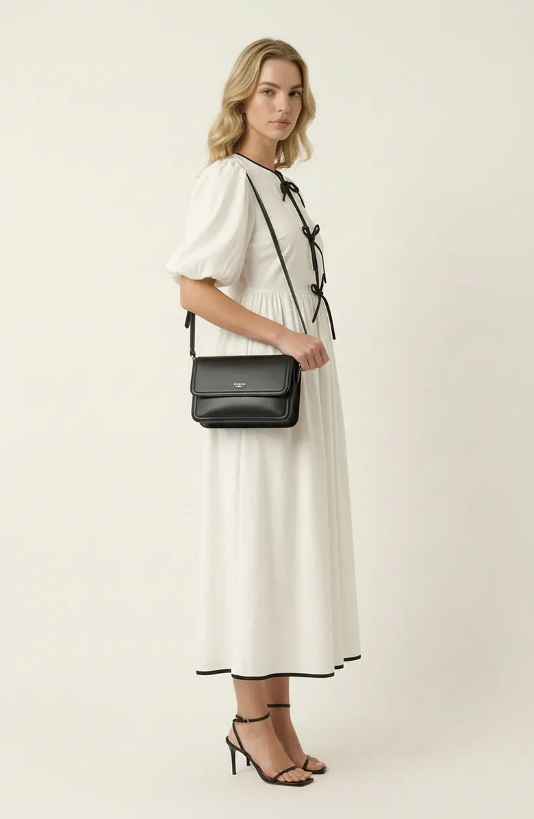 Modenaire Puff Sleeve Midi Dress with Tiered Front Ties and Contrast Trim, Alternate, color, White / Black Trim