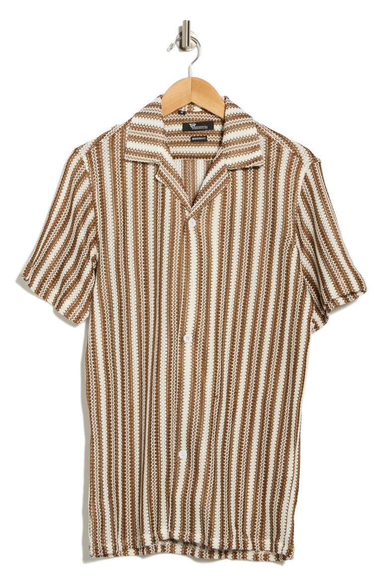 Textured Stripe Knit Short Sleeve Button-Up Shirt, Alternate, color, BROWN