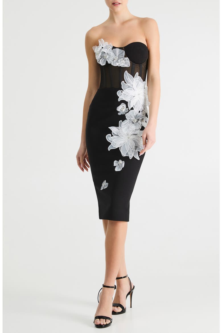 Rowan Floral Appliqué Strapless Cocktail Dress, Main, color, BLACK/ WHITE