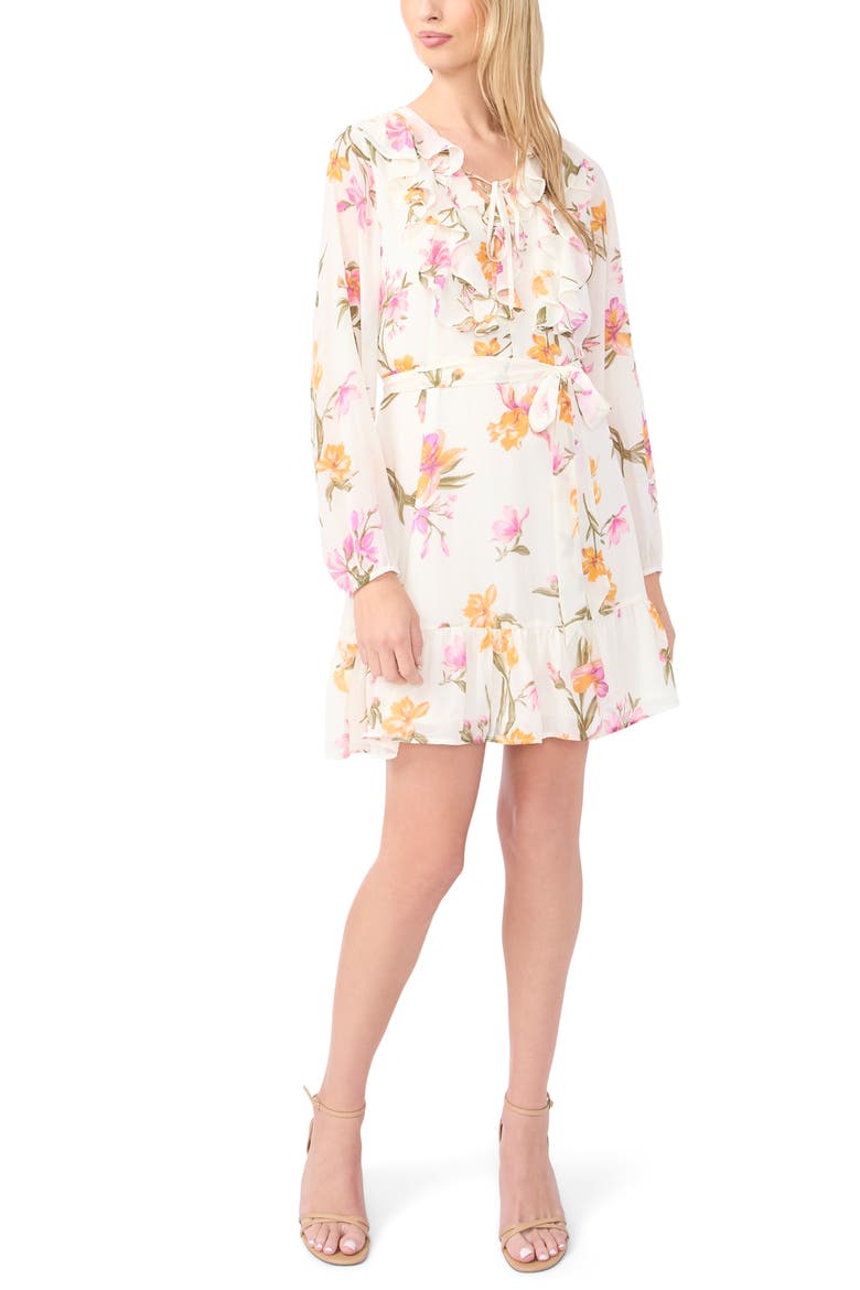 Floral Print Long Sleeve Minidress, Main, color, NEW IVORY
