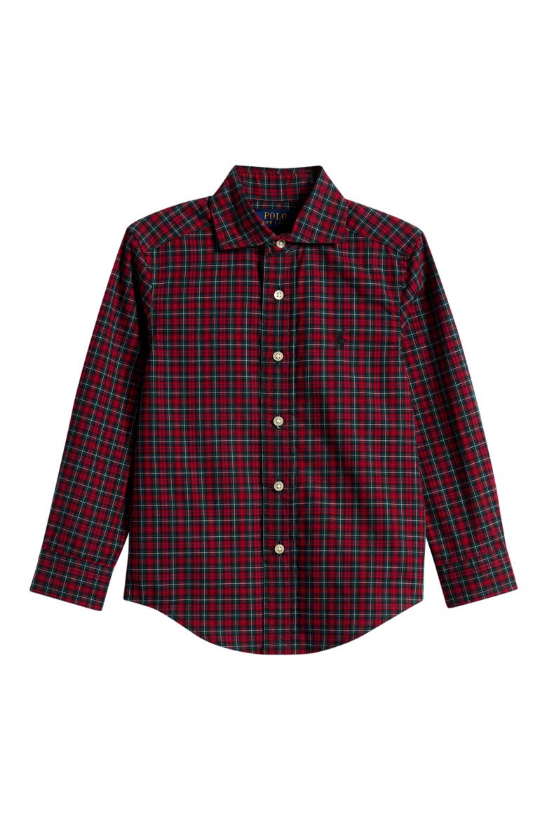 Kids' Plaid Cotton Poplin Long Sleeve Button-Up Shirt, Main, color, RED GREEN MULTI