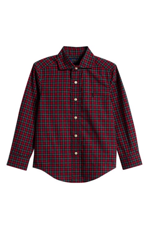 Kids' Plaid Cotton Poplin Long Sleeve Button-Up Shirt