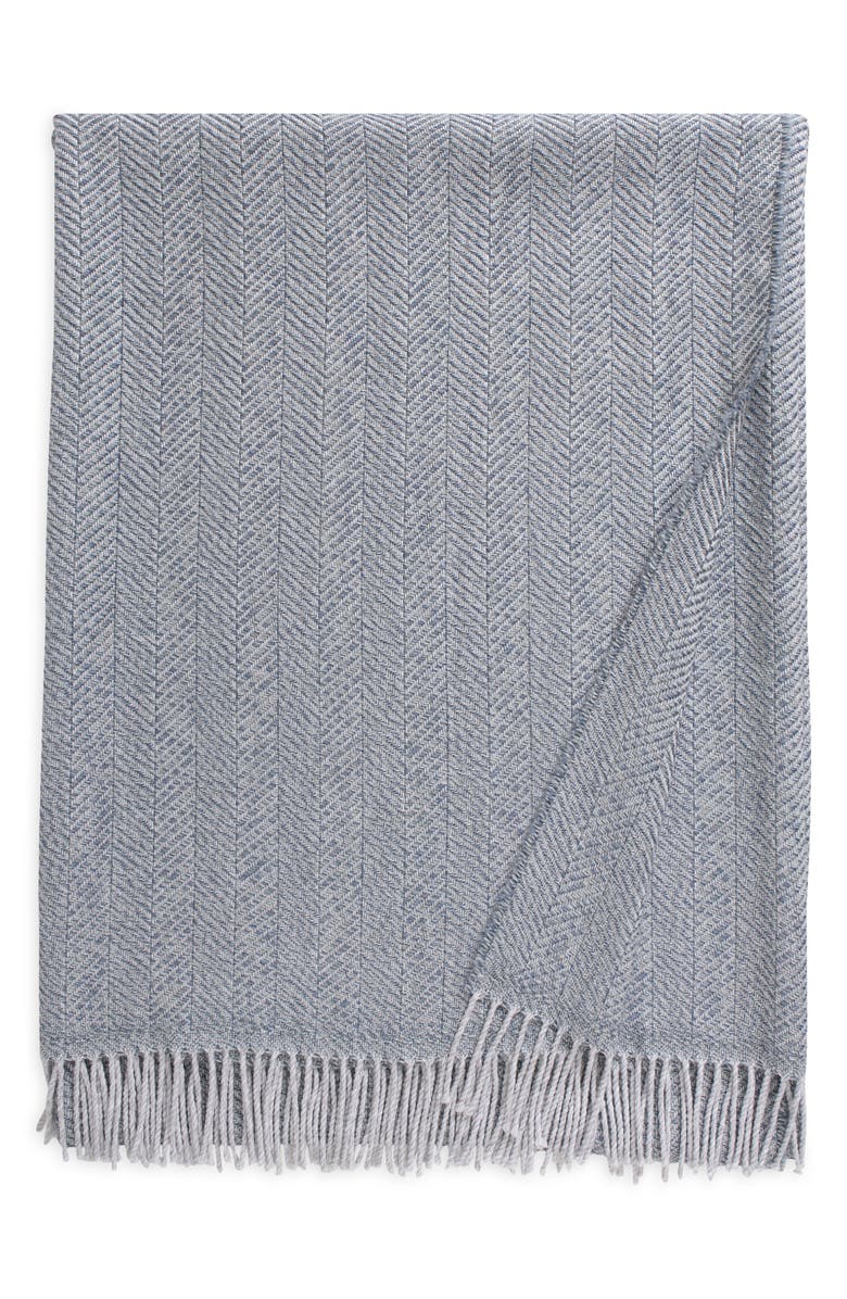 Johnstons of Elgin Textured Fringed Wool Herringbone Throw Blanket, Main, color, Grey