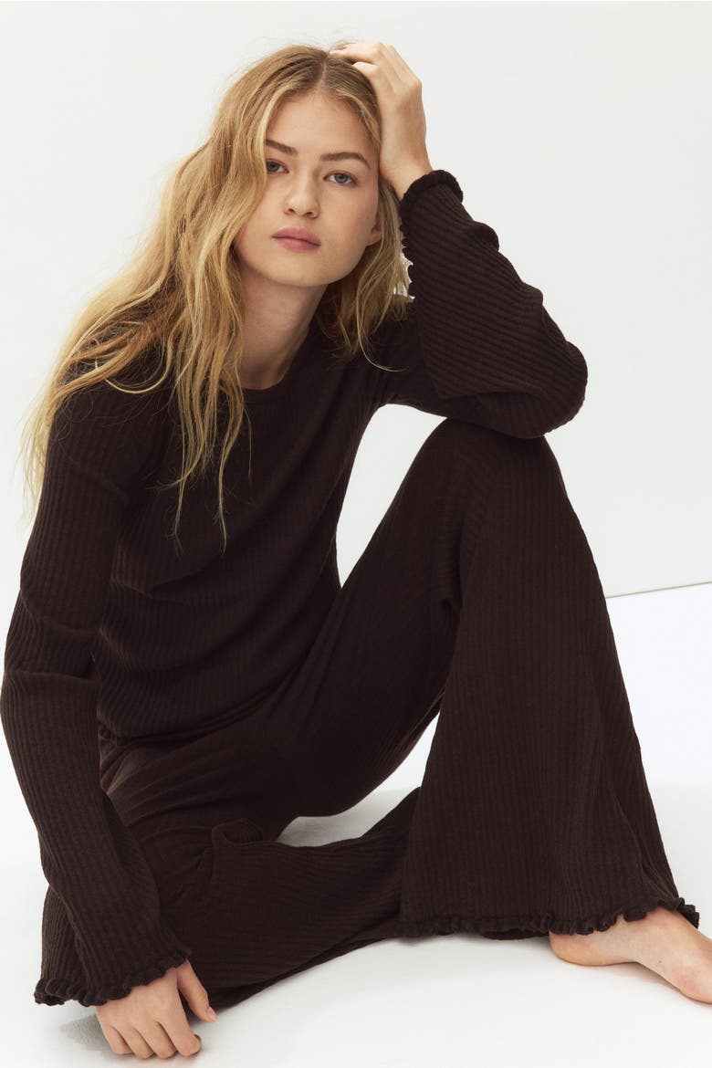 Flared Rib-knit Linen-blend Trousers, Main, color, Dark brown