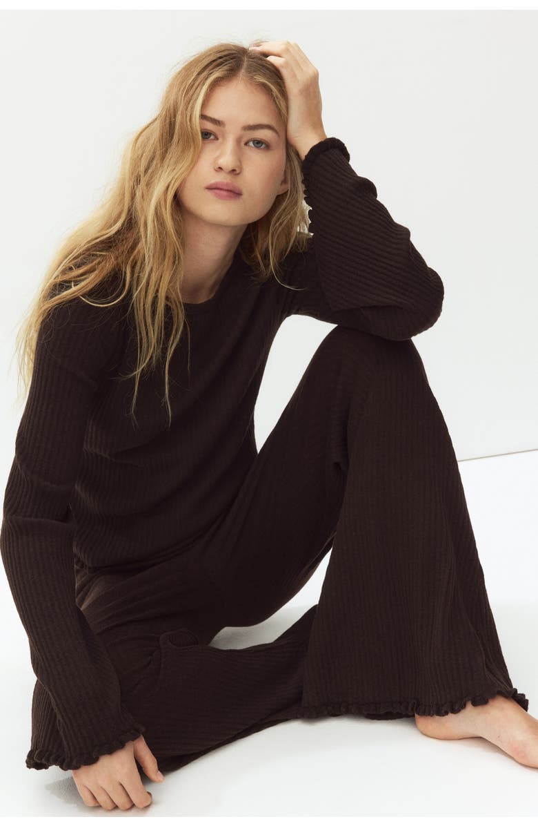 H&M Flared Rib-knit Linen-blend Trousers, Alternate, color, Dark Brown