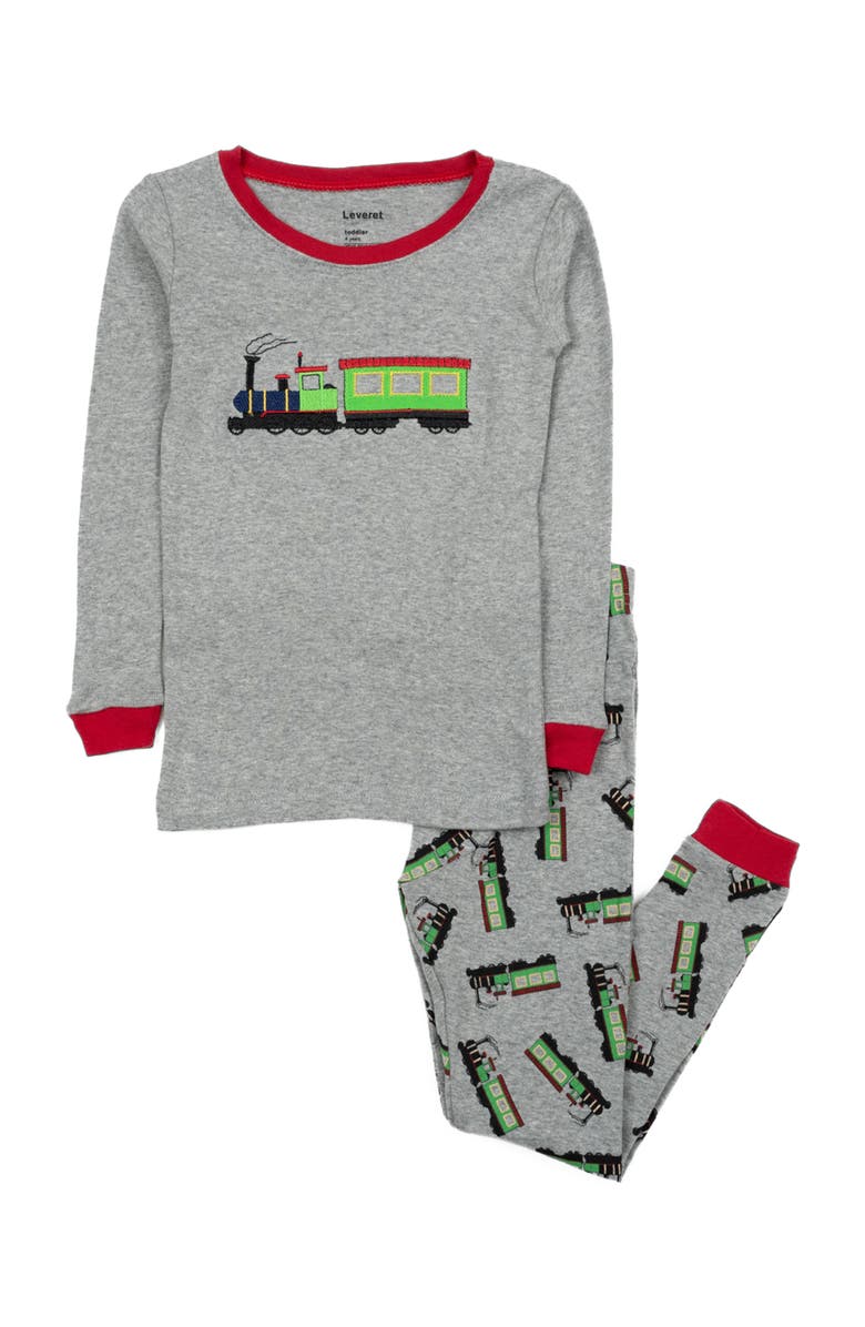 Leveret Kids Cotton Two-Piece Printed Pajamas, Vehicles & Machines, Main, color, Train