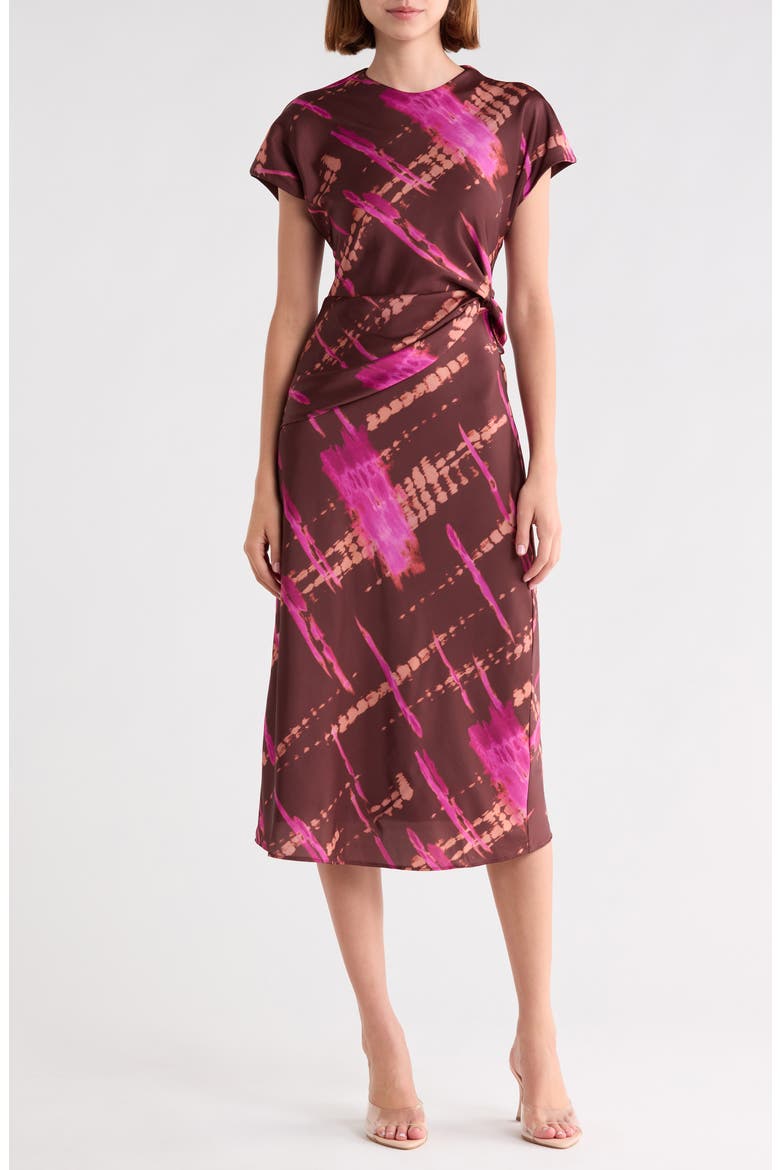 Avery Print Front Twist Dress, Main, color, BROWN ABSTRACT