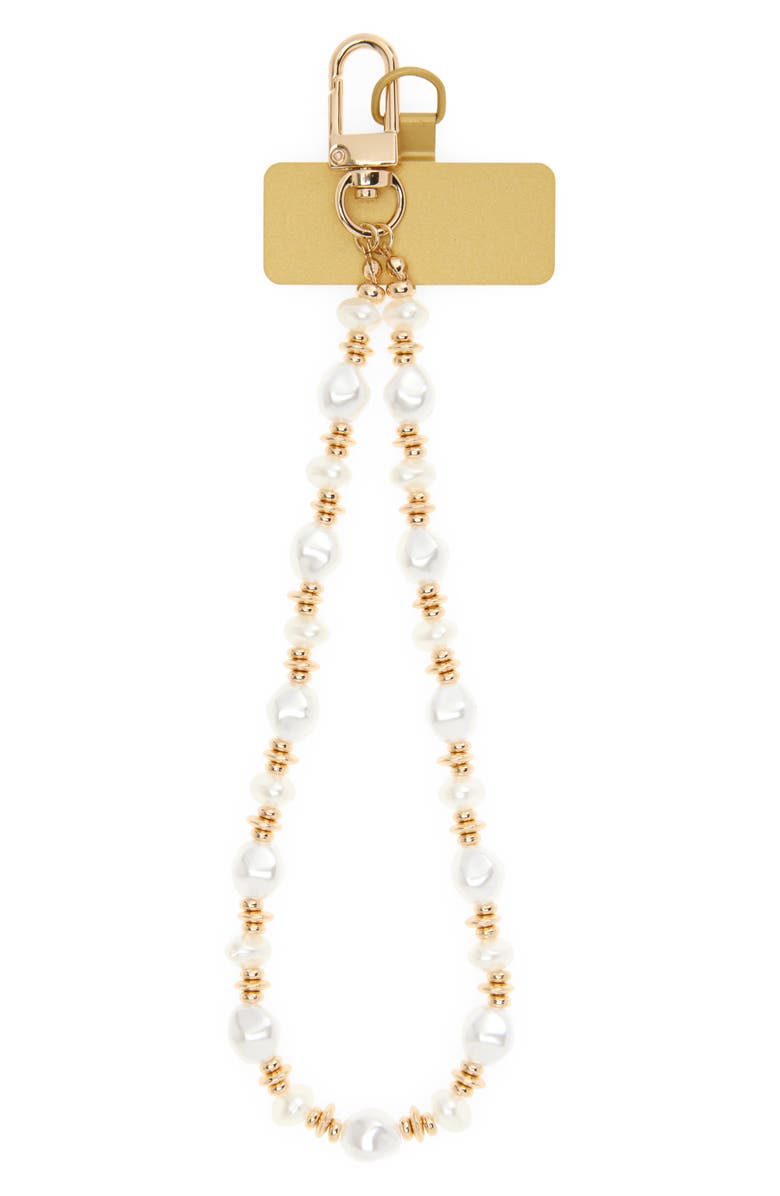 Chelsea28 Faux Pearl Beaded Phone Wrist Strap, Main, color, White- Gold