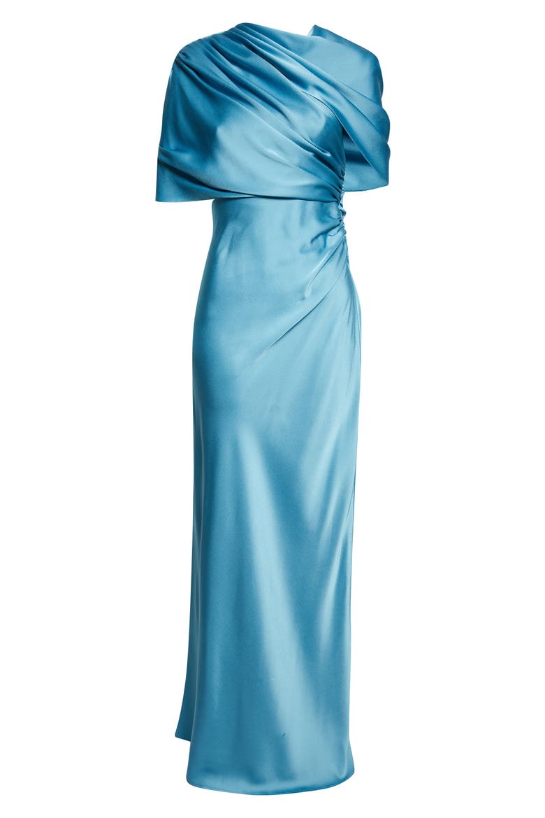 Draped Satin Cape Gown, Alternate, color, STEEL BLUE