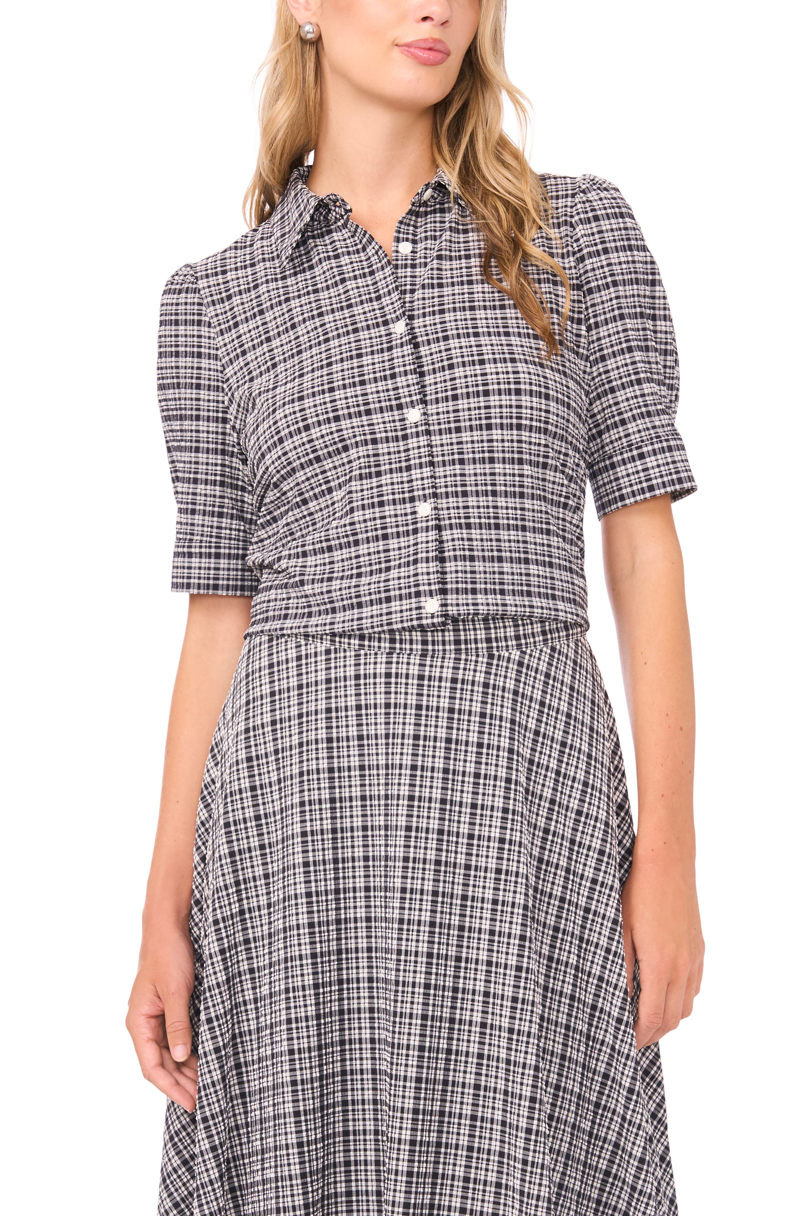 Plaid Puff Sleeve Button-Up Top