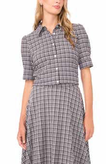 Vince Camuto Plaid Puff Sleeve Button-Up Top