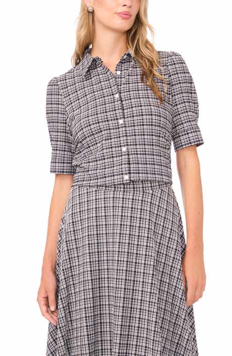 Vince Camuto Plaid Puff Sleeve Button-Up Top