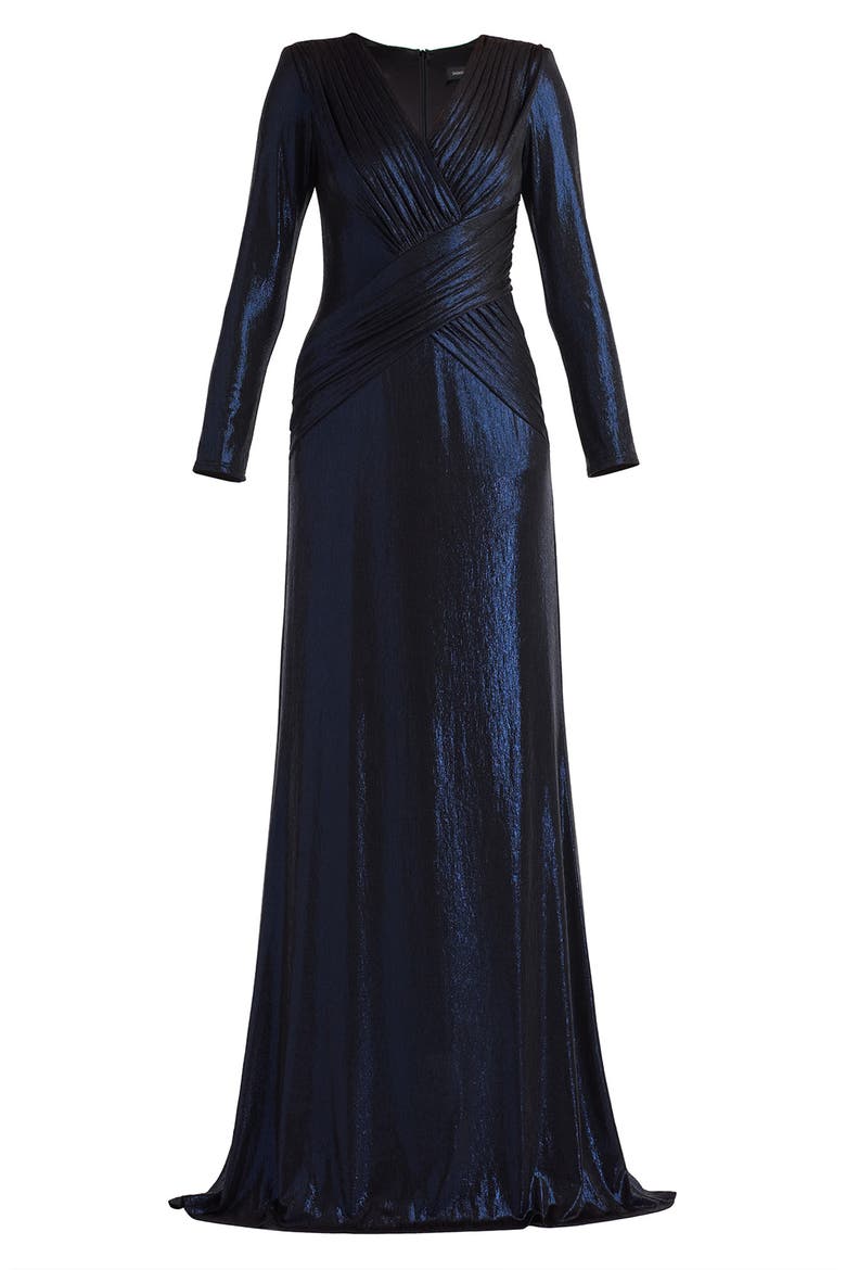 Metallic Surplice V-Neck Long Sleeve Gown, Alternate, color, ROYAL NAVY
