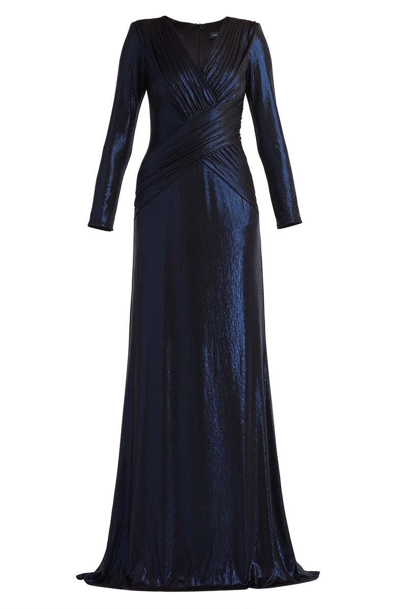 Tadashi Shoji Metallic Surplice V-Neck Long Sleeve Gown, Alternate, color, Royal Navy