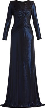 Tadashi Shoji Metallic Surplice V-Neck Long Sleeve Gown