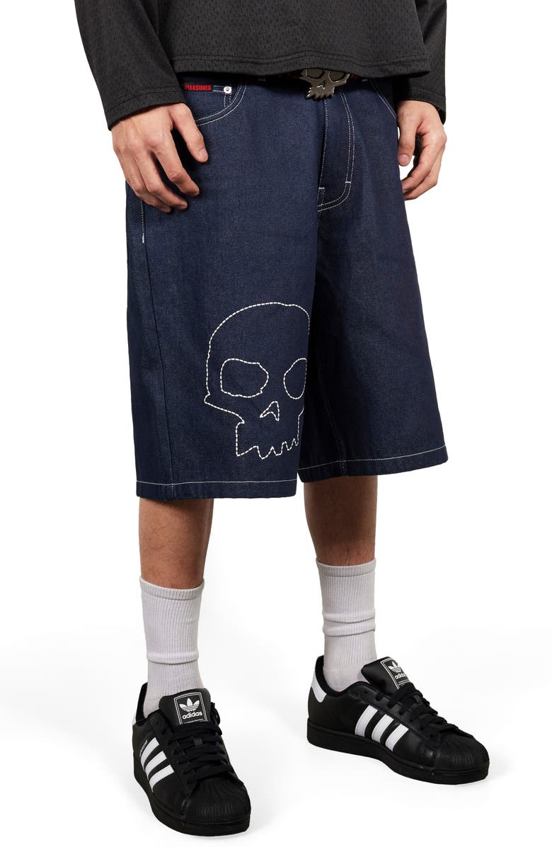 PLEASURES Skull Embroidered Denim Shorts, Alternate, color, Raw
