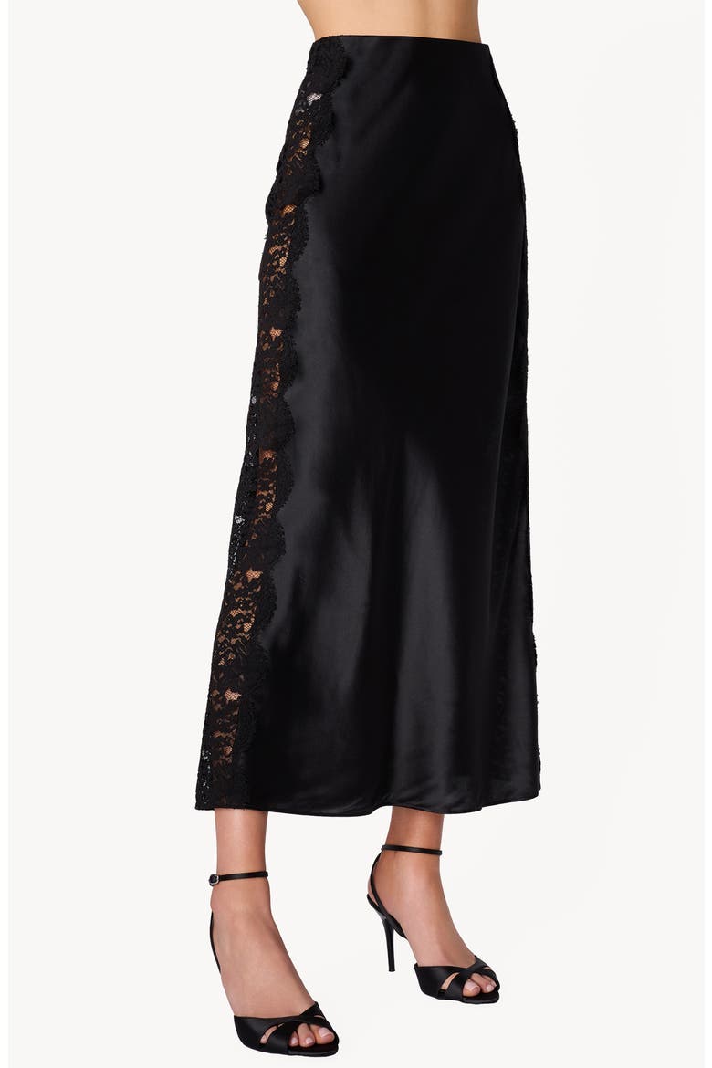 Darcel Lace Detail High Waist Silk Midi Skirt, Alternate, color, BLACK