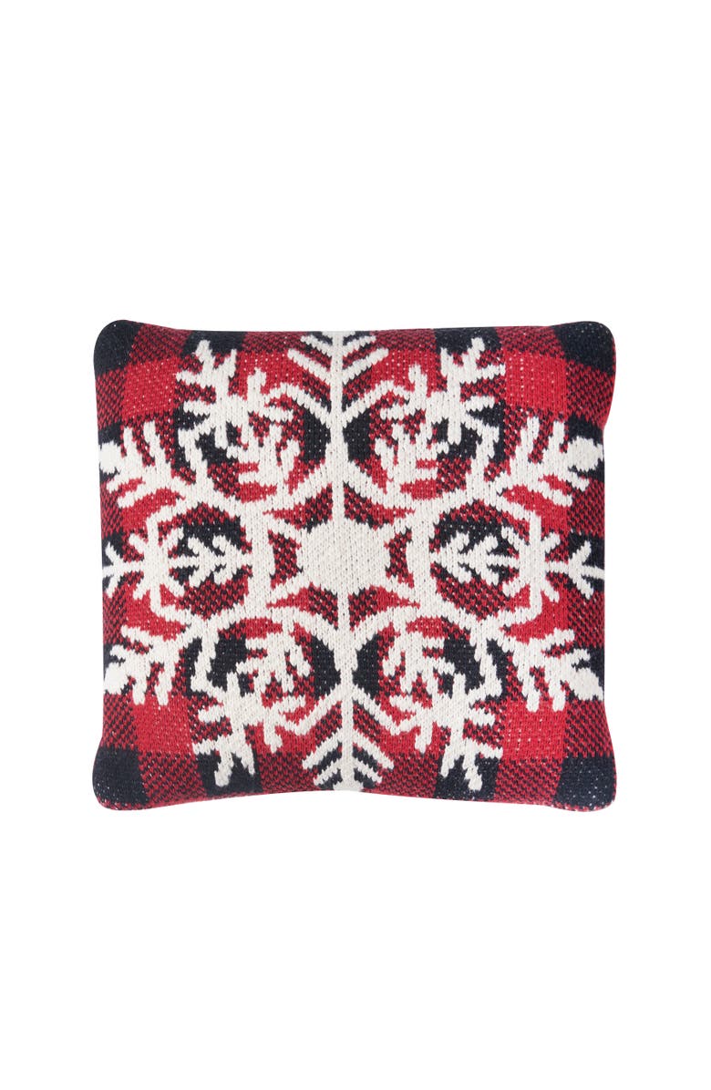 C&F Home White Snowflake Plaid Knitted Cotton Christmas Accent Pillow, 12" x 12", Main, color, Red