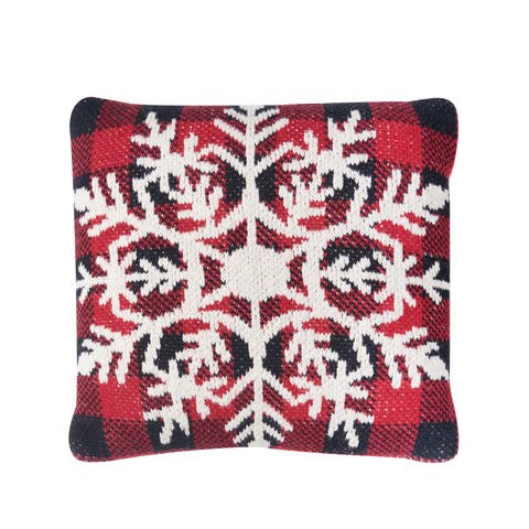 White Snowflake Plaid Knitted Cotton Christmas Accent Pillow, 12" x 12"