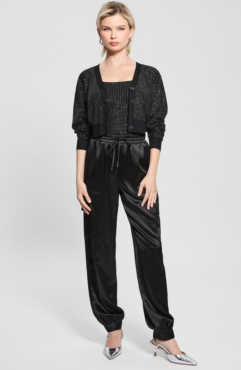 GUESS Khloe Rhinestone Cardigan Sweater, Alternate, color, Jet Black