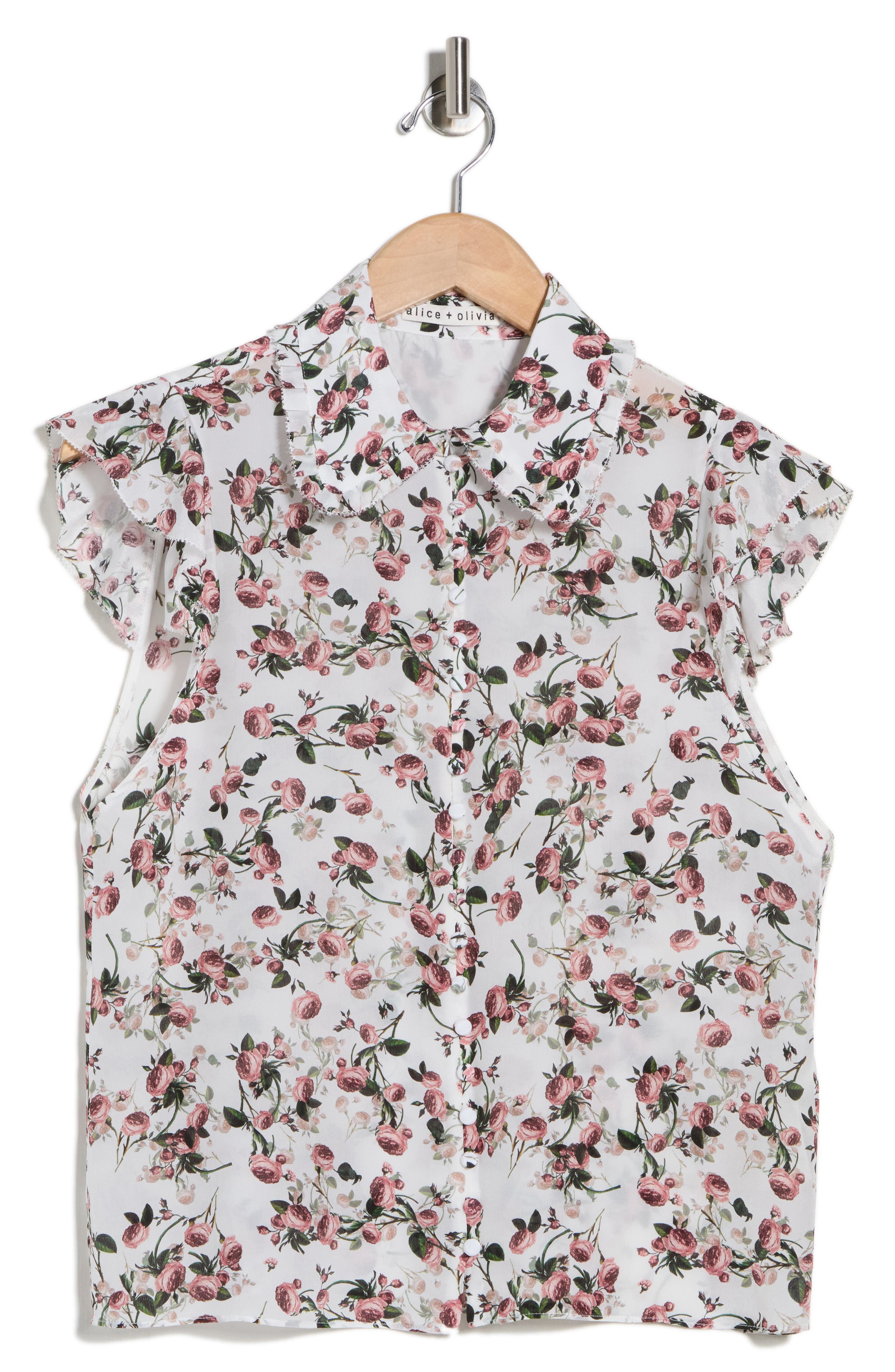 Alice + Olivia Martel Floral Flutter Sleeve Silk Button-Up Top