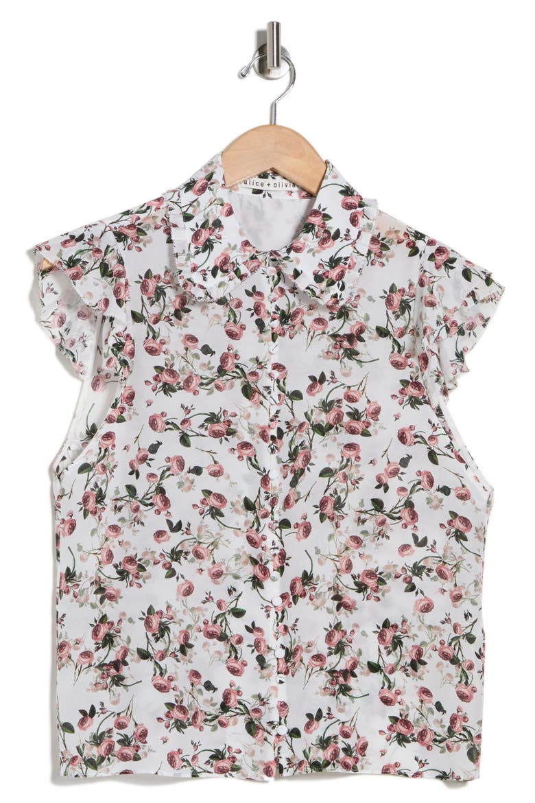 Martel Floral Flutter Sleeve Silk Button-Up Top, Alternate, color, FLEUR FRILLS OFF WHITE