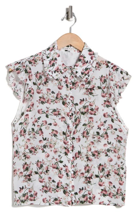 Martel Floral Flutter Sleeve Silk Button-Up Top