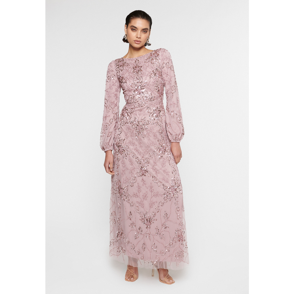 Shop Maryisa Occasion Modest Embellished Sequin Beaded Floral Evening Gown In Frosted Pink