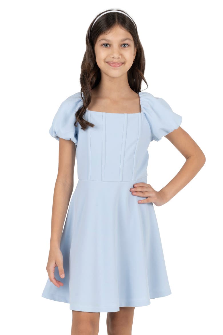 Kids' Puff Sleeve Scuba Crepe Party Dress, Alternate, color, BLUE