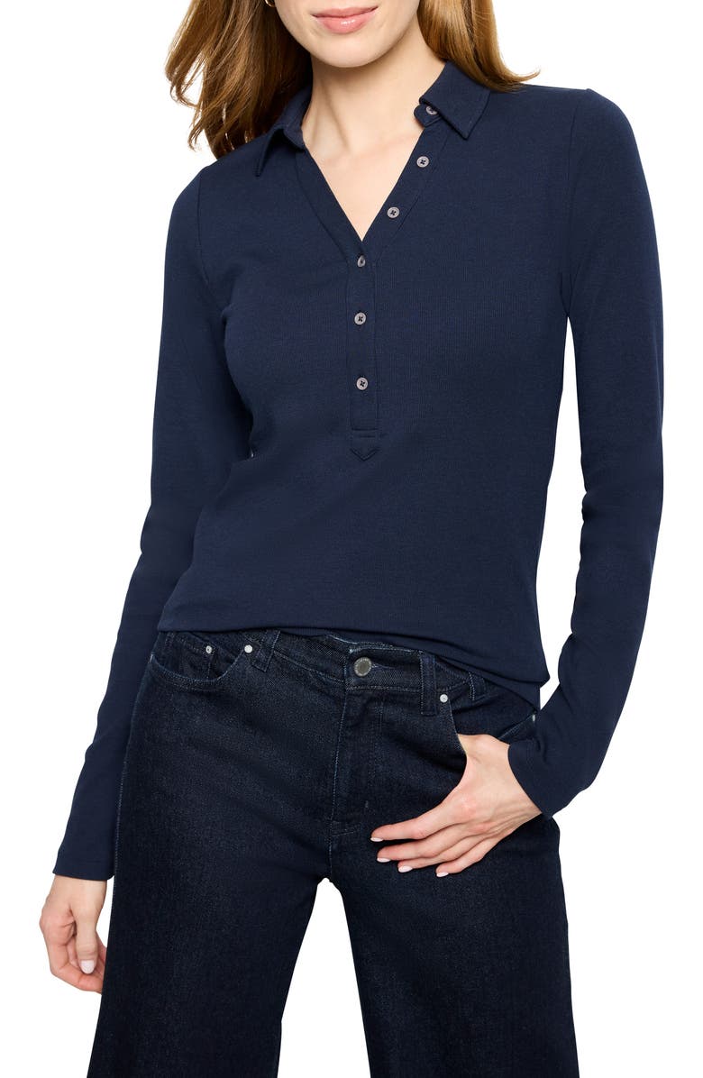 NIC+ZOE Perfect Knit Rib Long Sleeve Polo, Main, color, Dark Indigo