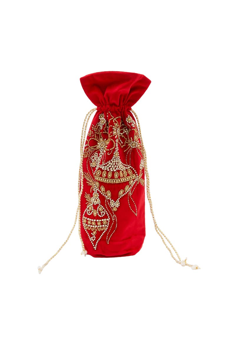 Red Christmas Ornaments Hand Beaded Embroidered Gift Wine Bag 15", Main, color, Red