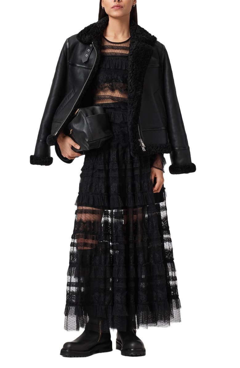 AllSaints Lorel Leather & Genuine Shearling Flying Jacket, Alternate, color, Black/ Black