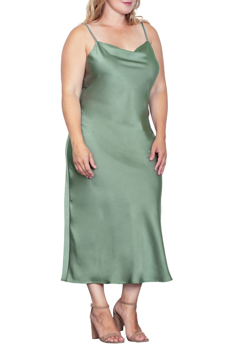 Cowl Neck Satin Dress, Alternate, color, BAY LEAF
