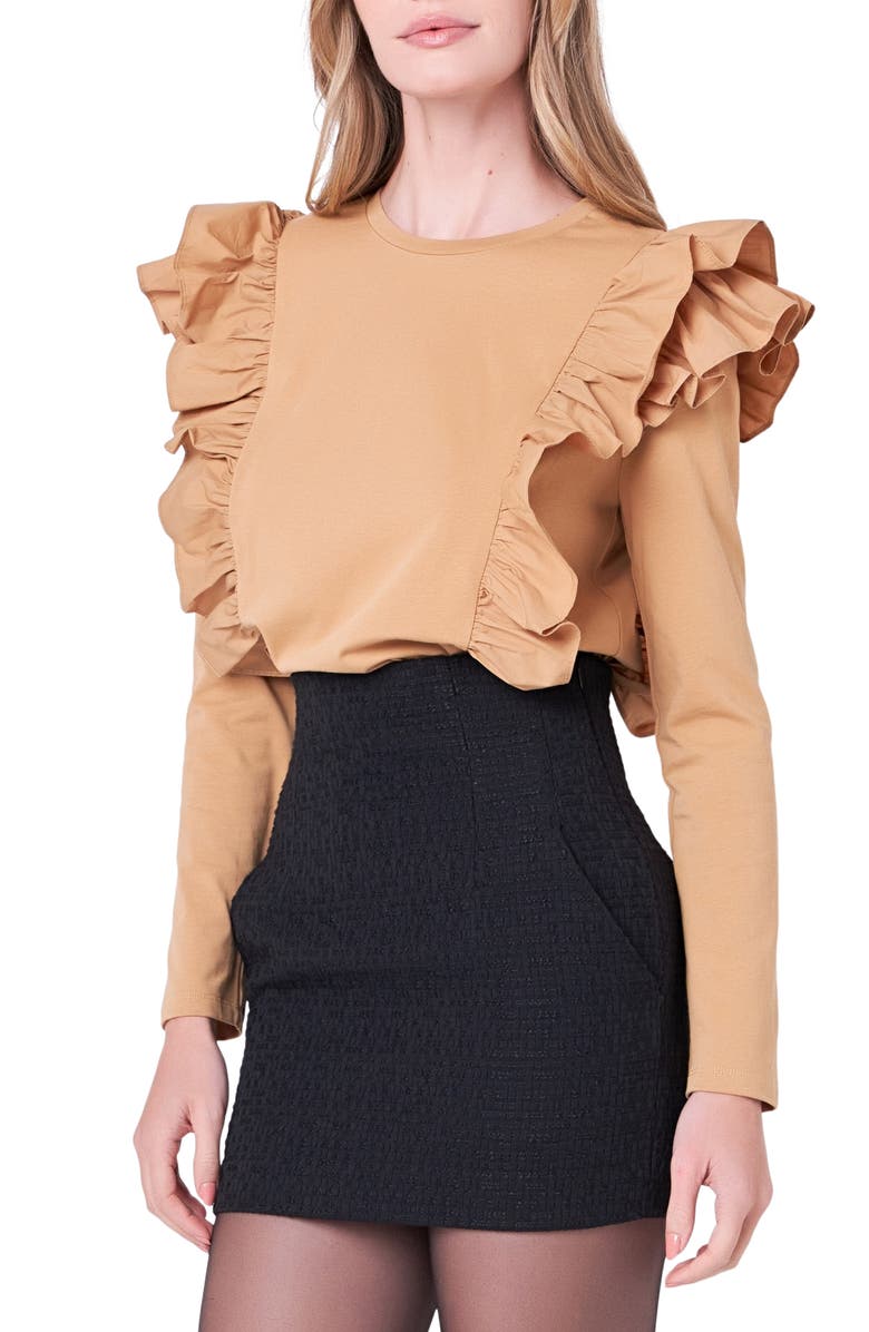 English Factory Poplin Ruffle Trim Shirt, Alternate, color, Tan