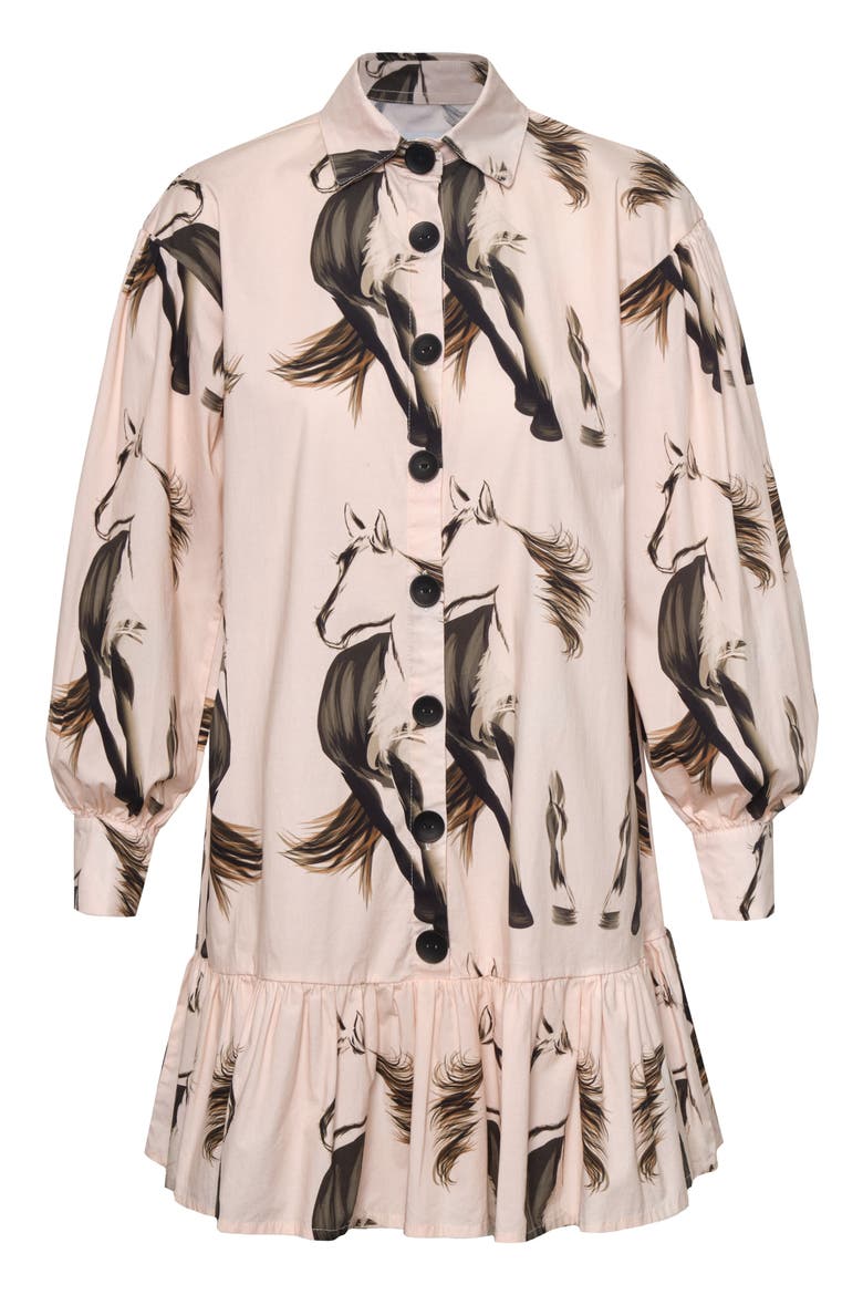 Medellin Horse Print Long Sleeve Stretch Cotton Shirtdress, Alternate, color, BEIGE HORSES