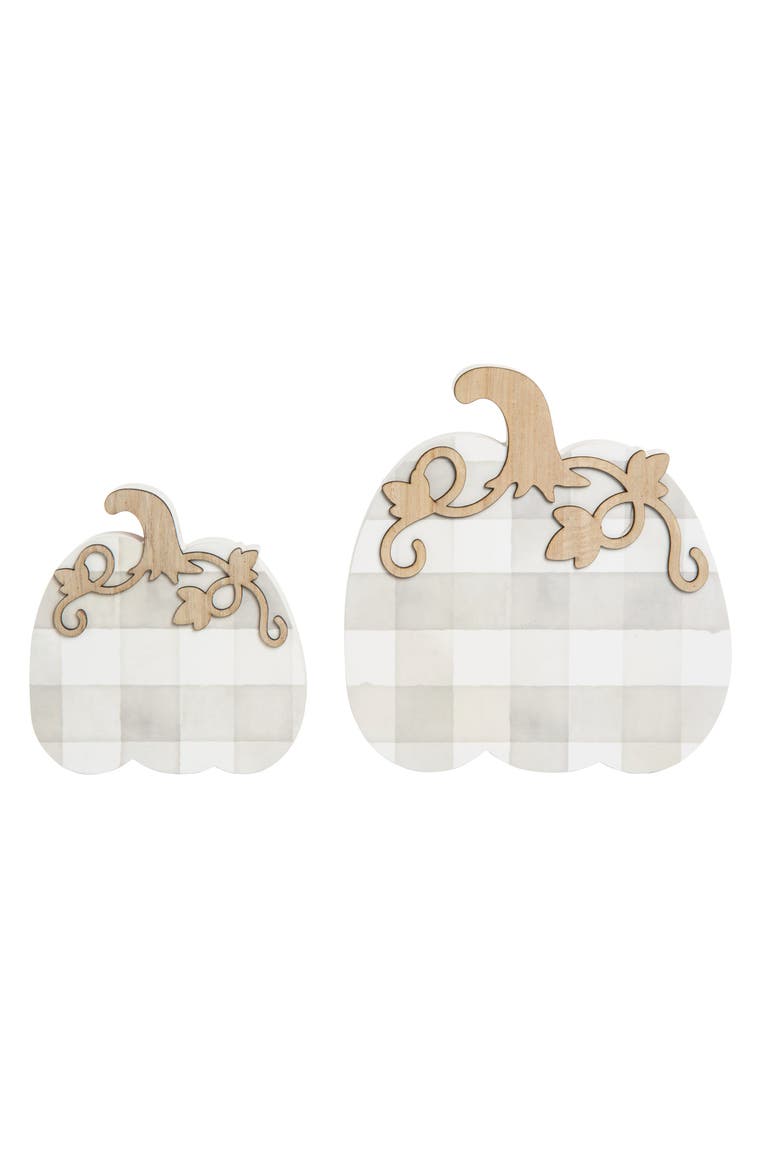 Wood Multicolored Harvest Light Plaid Pumpkin Decor Set of 2, Main, color, Multicolored