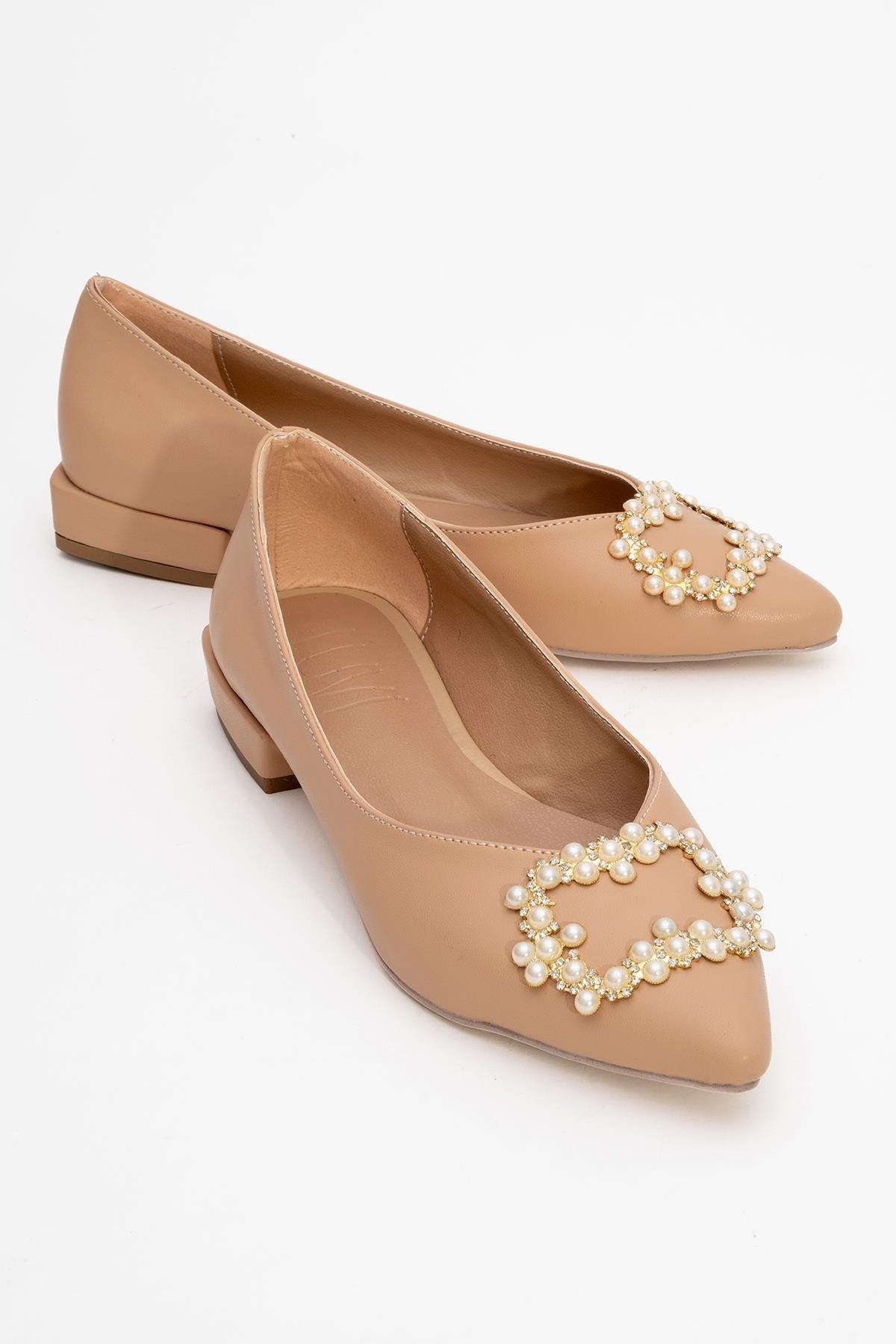 Prologue Shoes Ghent Pearl Embellished Ballet Flat, Main, color, Beige
