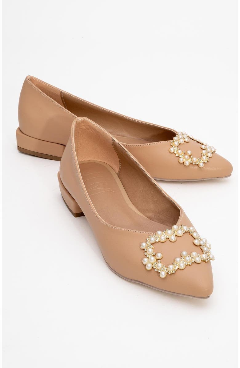 Prologue Shoes Ghent Pearl Embellished Ballet Flat, Main, color, Beige