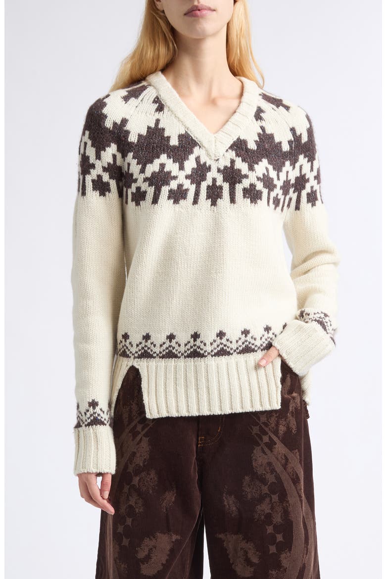 Warrior Fair Isle Wool Blend V-Neck Sweater, Main, color, CREME/ BROWN
