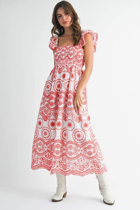 Embroidered Smocked Cutout Midi Dress