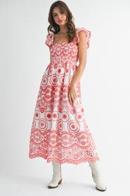 PinkBlush Embroidered Smocked Cutout Midi Dress