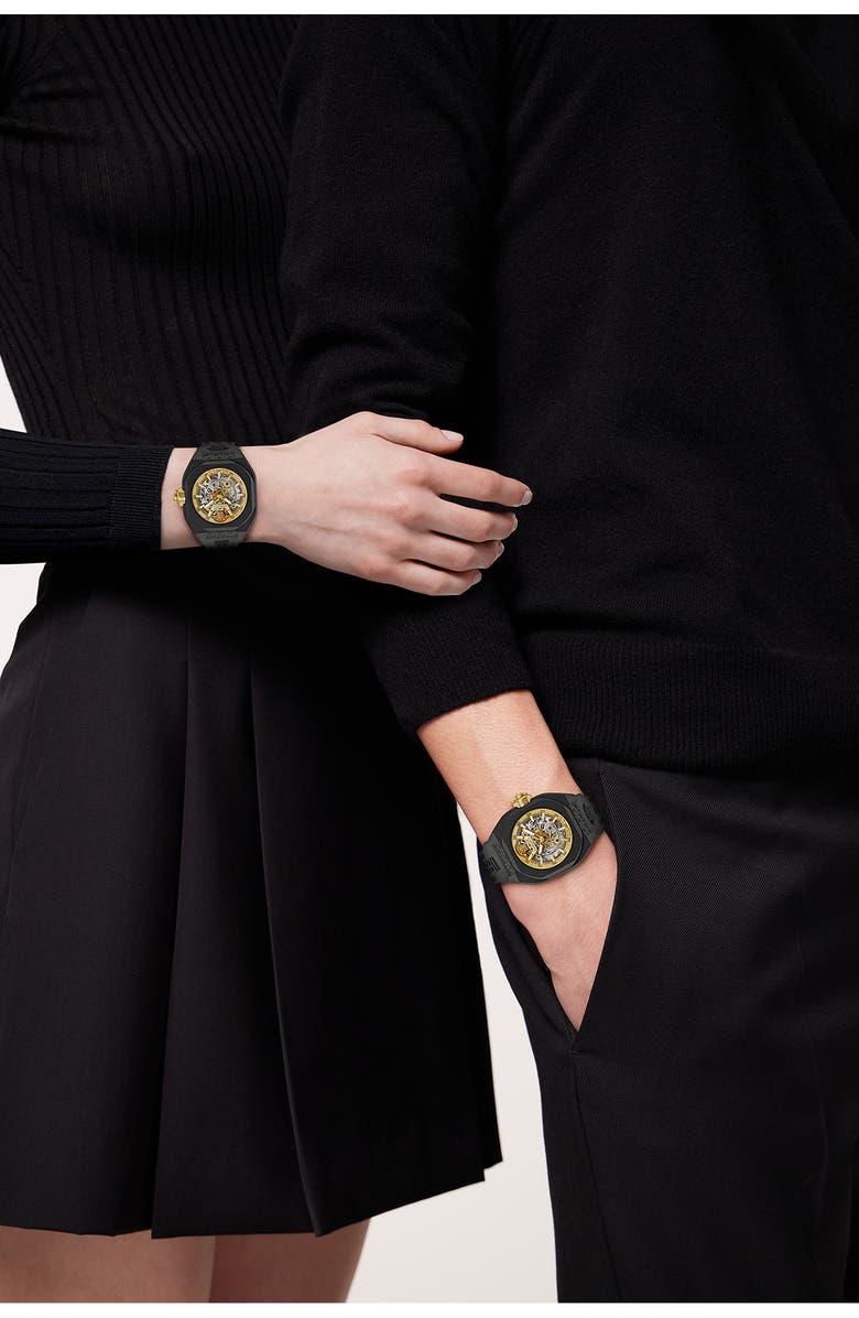 Versace V-Legend Skeleton Recycled Polyurethane Strap Watch, 42mm, Alternate, color, 