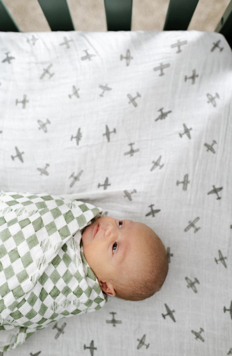little unicorn Organic Cotton Muslin Crib Sheet, Alternate, color, Pewter Planes