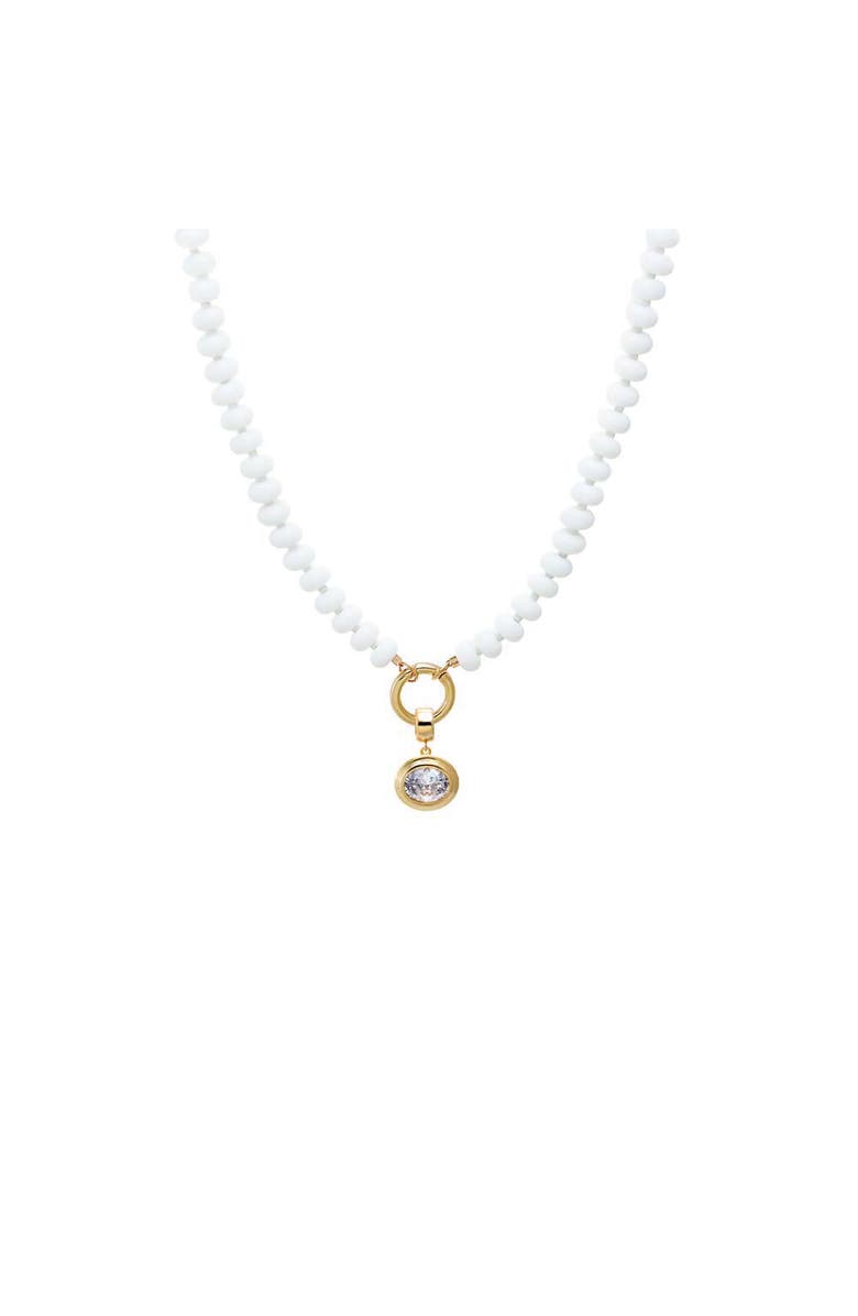 BY ADINA EDEN Colored Natural Stone Beaded /CZ Oval Bezel Charm Necklace, Main, color, White