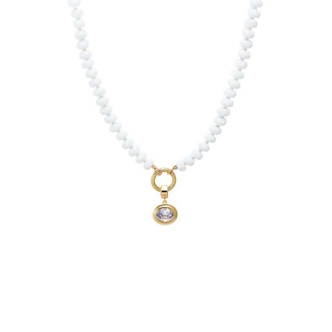 Colored Natural Stone Beaded /CZ Oval Bezel Charm Necklace